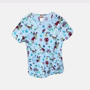 🔥🆕Scrub Top Dr Seuss Christmas 🎄 "You're a Mean One Mr Ginch" White 3 Pockets